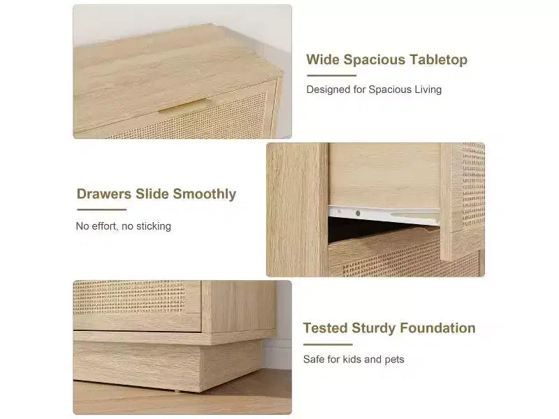 Commode à 6 tiroirs en rotin avec poignées métalliques et base en bois robuste