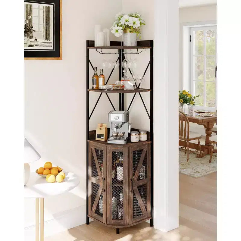 Étagère à vin d'angle à 4 niveaux avec cadre industriel - Meuble de rangement de bar pliable