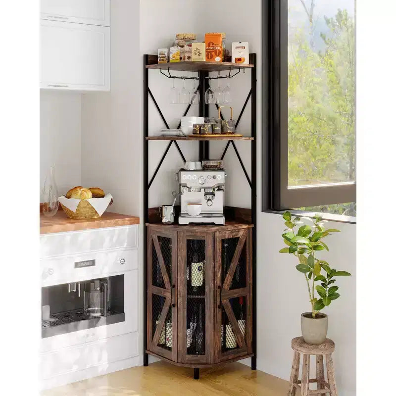 Étagère à vin d'angle à 4 niveaux avec cadre industriel - Meuble de rangement de bar pliable