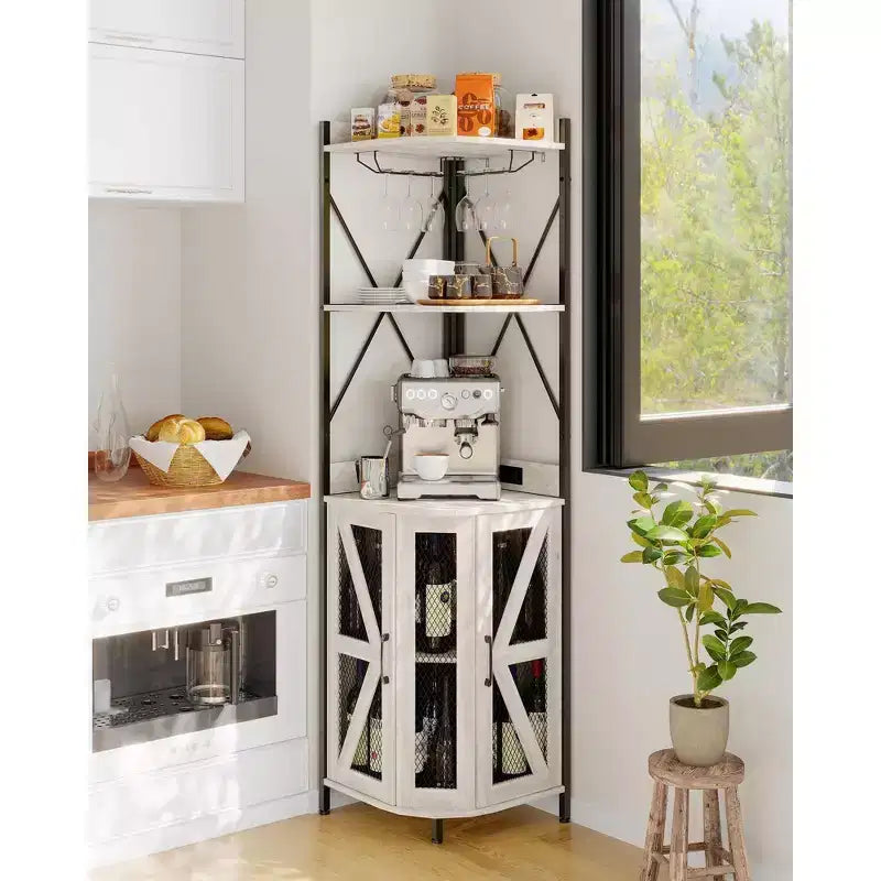 Étagère à vin d'angle à 4 niveaux avec cadre industriel - Meuble de rangement de bar pliable