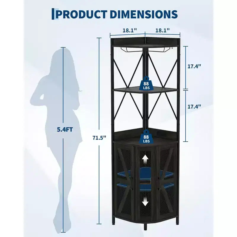 Étagère à vin d'angle à 4 niveaux avec cadre industriel - Meuble de rangement de bar pliable
