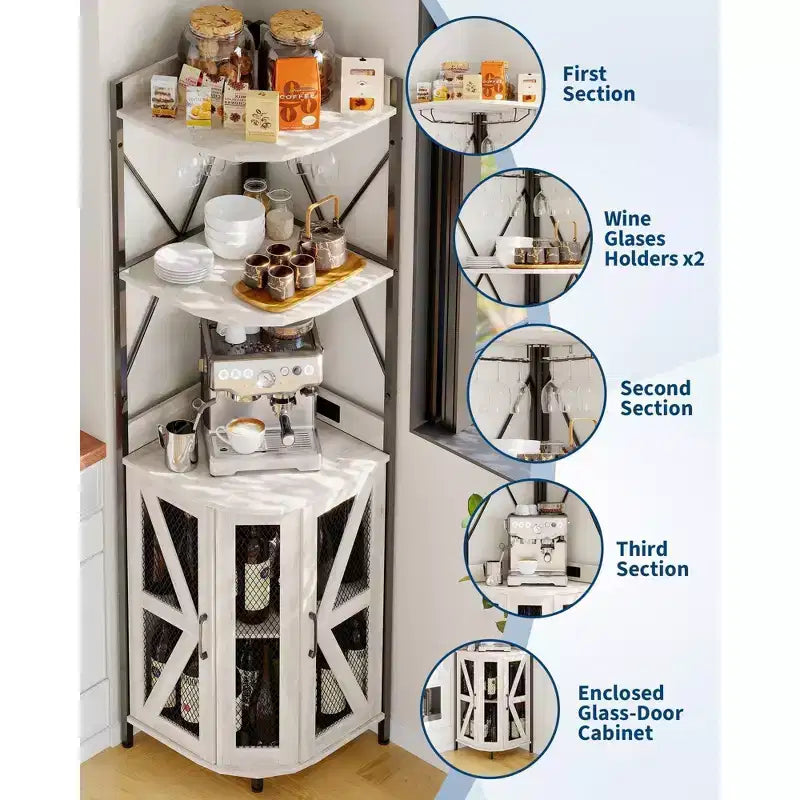 Étagère à vin d'angle à 4 niveaux avec cadre industriel - Meuble de rangement de bar pliable