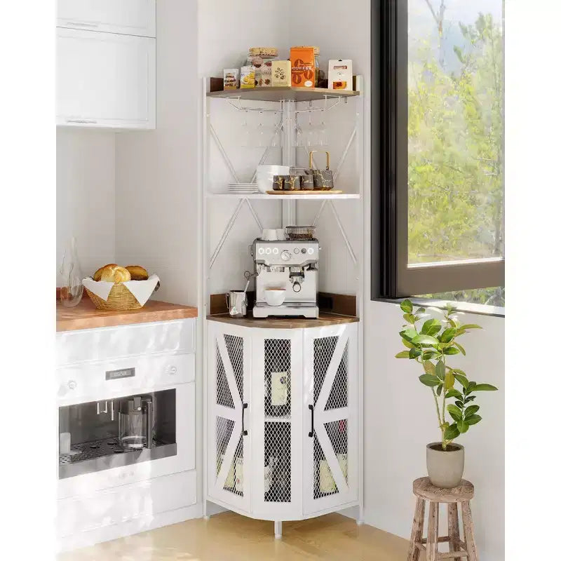 Étagère à vin d'angle à 4 niveaux avec cadre industriel - Meuble de rangement de bar pliable
