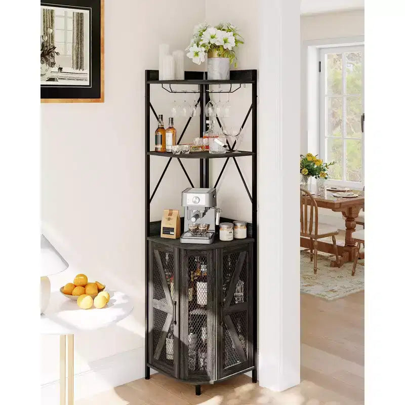 Étagère à vin d'angle à 4 niveaux avec cadre industriel - Meuble de rangement de bar pliable