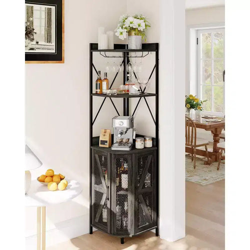 Étagère à vin d'angle à 4 niveaux avec cadre industriel - Meuble de rangement de bar pliable