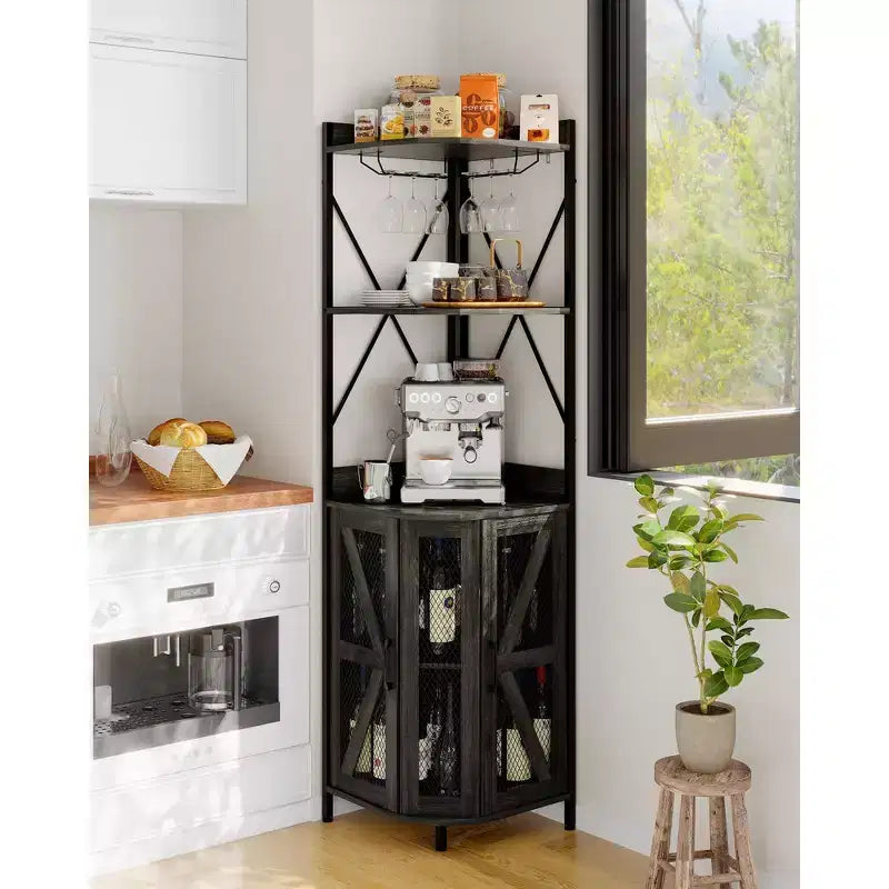 Étagère à vin d'angle à 4 niveaux avec cadre industriel - Meuble de rangement de bar pliable