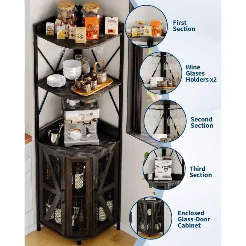 Étagère à vin d'angle à 4 niveaux avec cadre industriel - Meuble de rangement de bar pliable