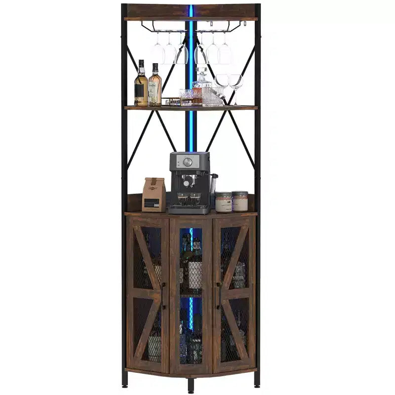 Étagère à vin d'angle à 4 niveaux avec cadre industriel - Meuble de rangement de bar pliable