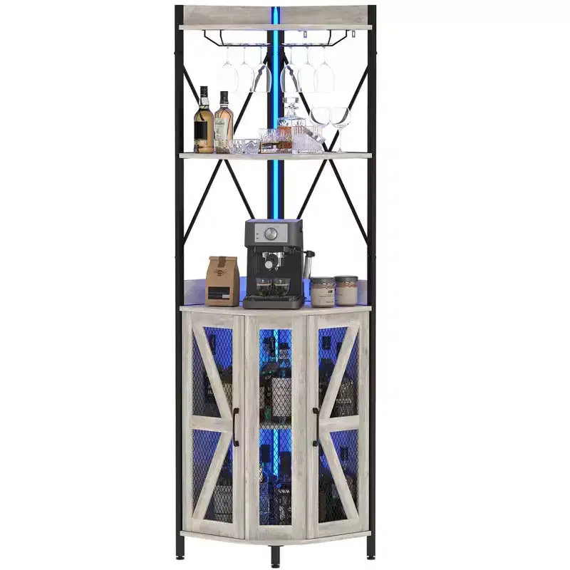 Étagère à vin d'angle à 4 niveaux avec cadre industriel - Meuble de rangement de bar pliable