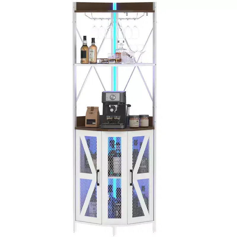 Étagère à vin d'angle à 4 niveaux avec cadre industriel - Meuble de rangement de bar pliable