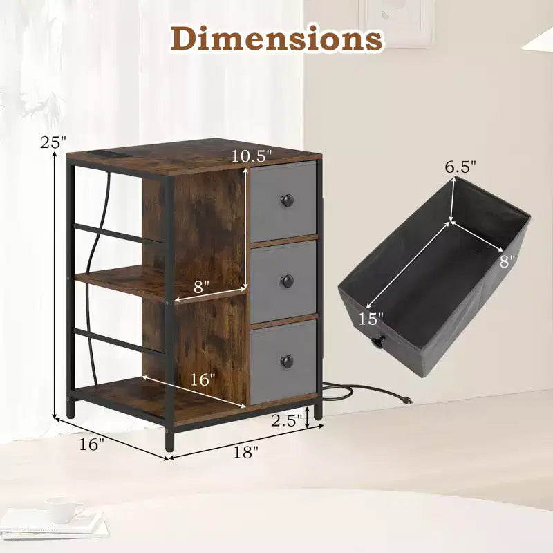 Table de Chevet 3 Niveaux avec Station de Charge et Étagère