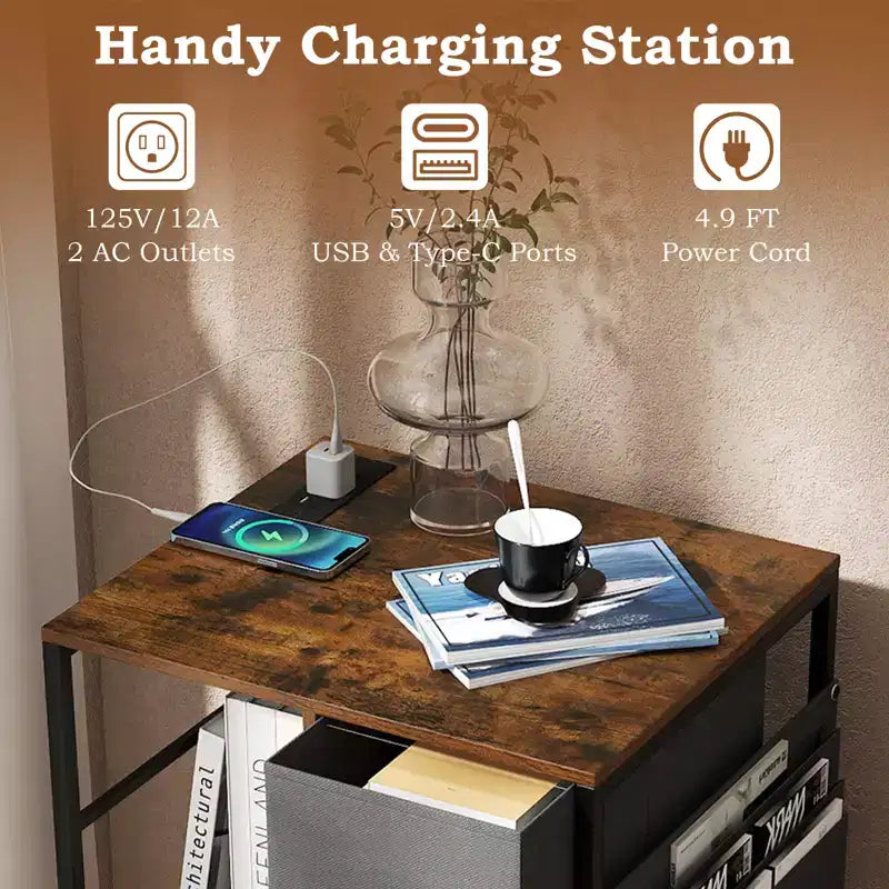 Table de Chevet 3 Niveaux avec Station de Charge et Étagère