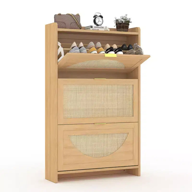 Shoe Cabinet, Entryway Cabinet Natural Rattan 3-Flip Drawer Narrow Wooden Organizer for Hallway/Apartment