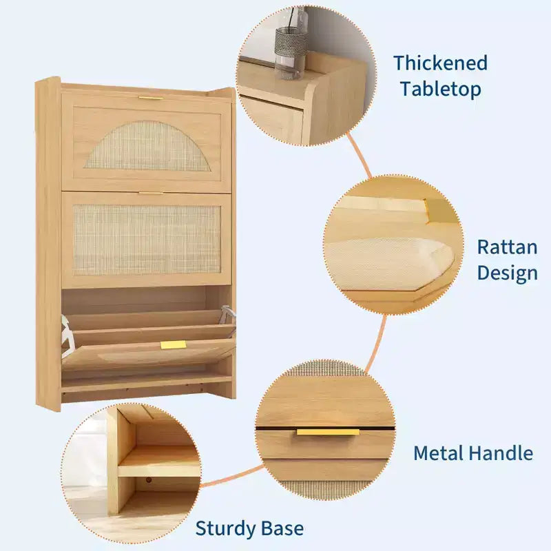 Meuble à chaussures, Meuble d'entrée en rotin naturel, 3 tiroirs basculants, Organiseur étroit en bois