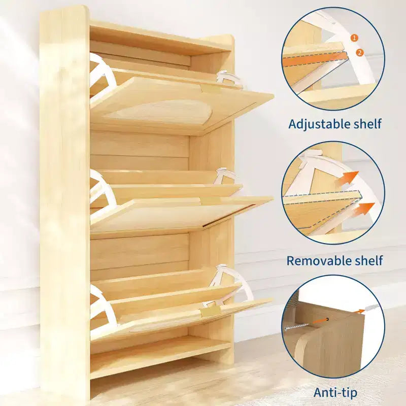 Meuble à chaussures, Meuble d'entrée en rotin naturel, 3 tiroirs basculants, Organiseur étroit en bois