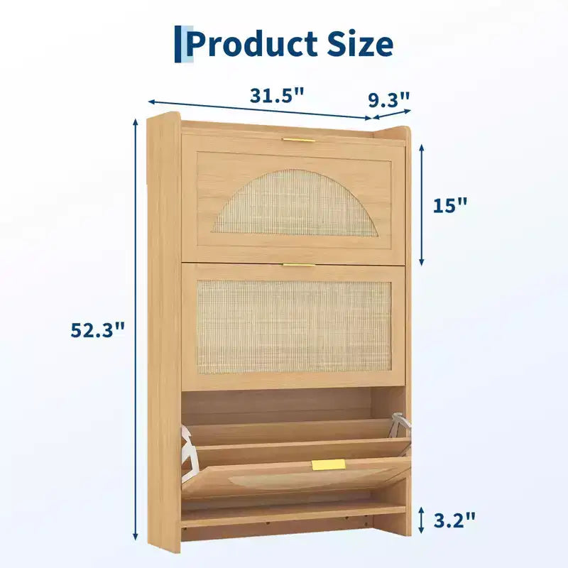 Meuble à chaussures, Meuble d'entrée en rotin naturel, 3 tiroirs basculants, Organiseur étroit en bois