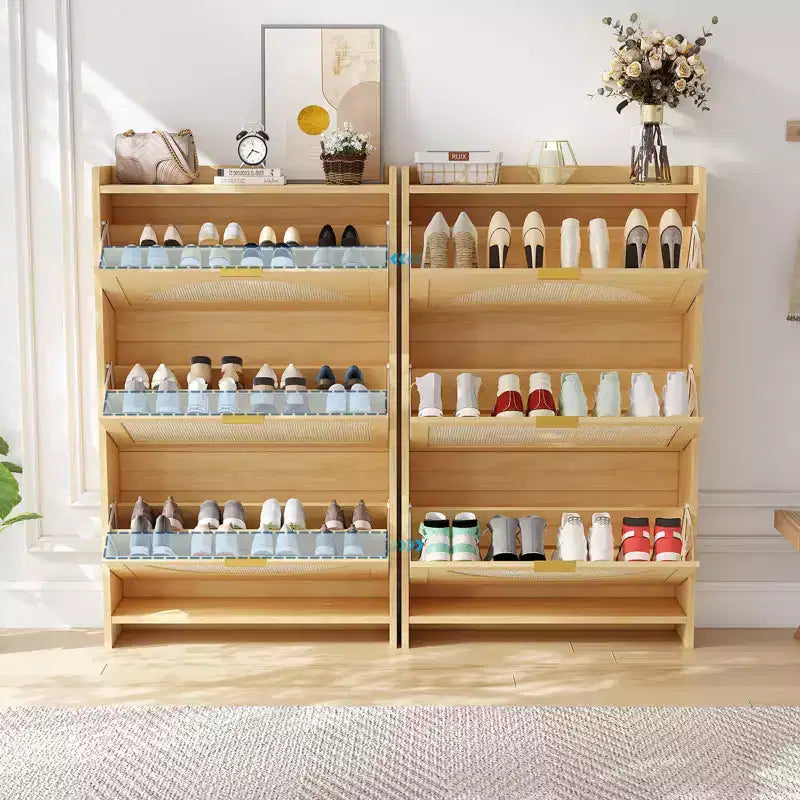 Meuble à chaussures, Meuble d'entrée en rotin naturel, 3 tiroirs basculants, Organiseur étroit en bois