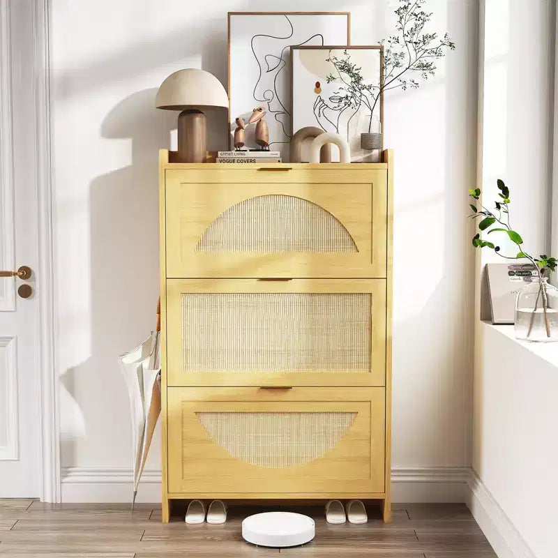 Meuble à chaussures, Meuble d'entrée en rotin naturel, 3 tiroirs basculants, Organiseur étroit en bois