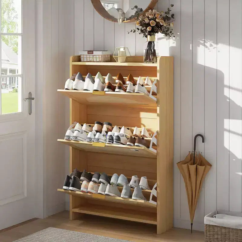 Meuble à chaussures, Meuble d'entrée en rotin naturel, 3 tiroirs basculants, Organiseur étroit en bois