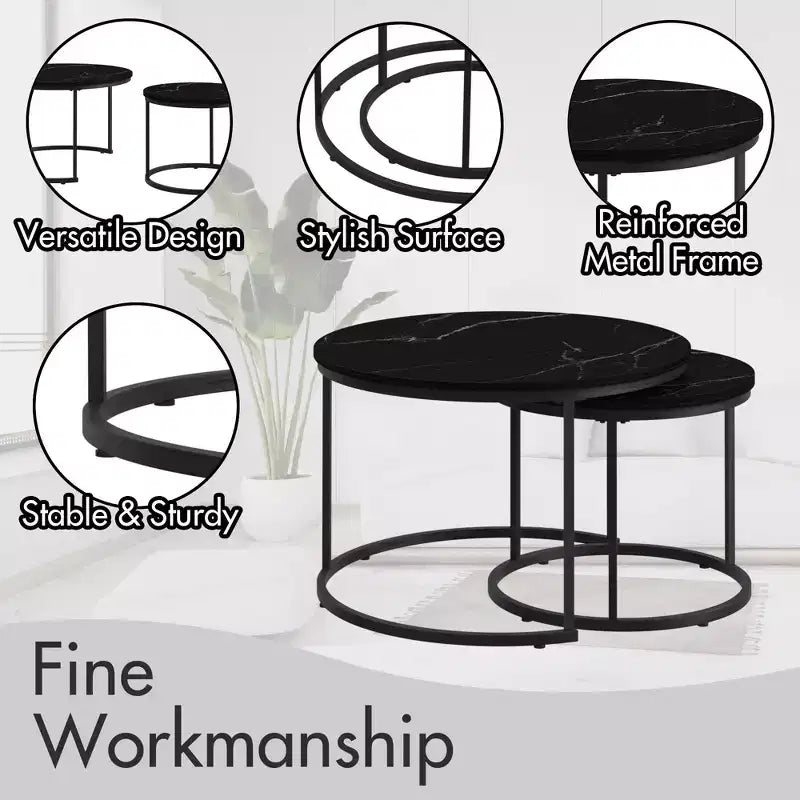 Tables basses gigognes rondes, plateaux aspect bois industriel avec cadre en métal robuste