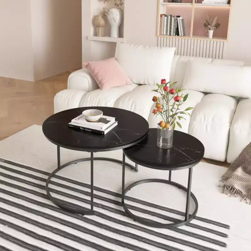 Tables basses gigognes rondes, plateaux aspect bois industriel avec cadre en métal robuste