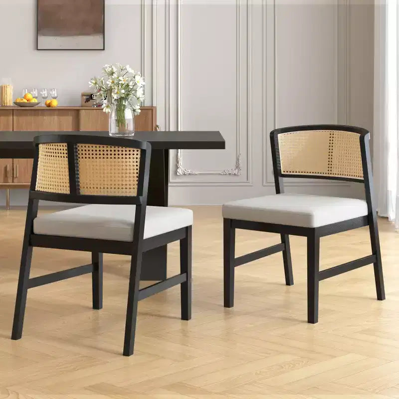 Set of 2 Rattan Dining Chairs Armless Chair Kitchen Side Chair with Curved Rattan Back & Rubberwood Frame - ModernLuxe