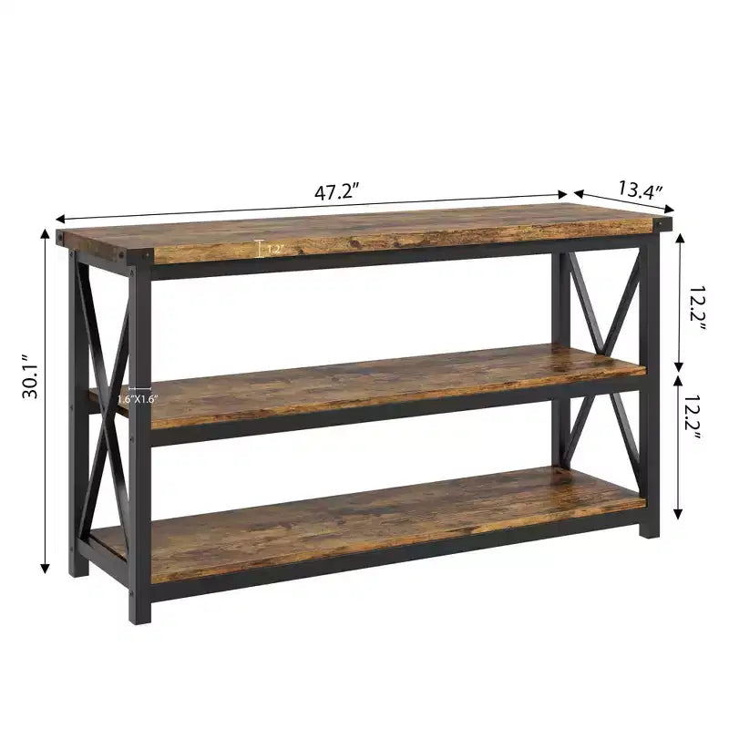 Console industrielle longue avec 3 étagères de rangement, table rectangulaire pour canapé et couloir