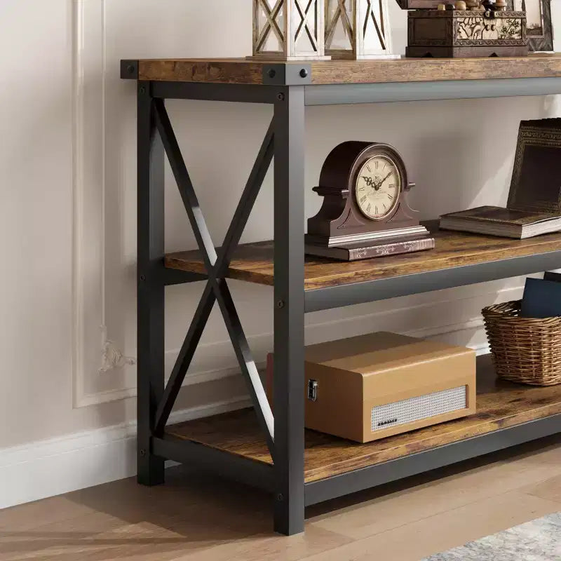 Console industrielle longue avec 3 étagères de rangement, table rectangulaire pour canapé et couloir