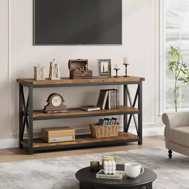 Console industrielle longue avec 3 étagères de rangement, table rectangulaire pour canapé et couloir