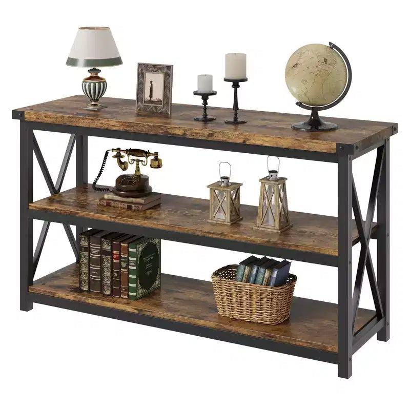 Console industrielle longue avec 3 étagères de rangement, table rectangulaire pour canapé et couloir