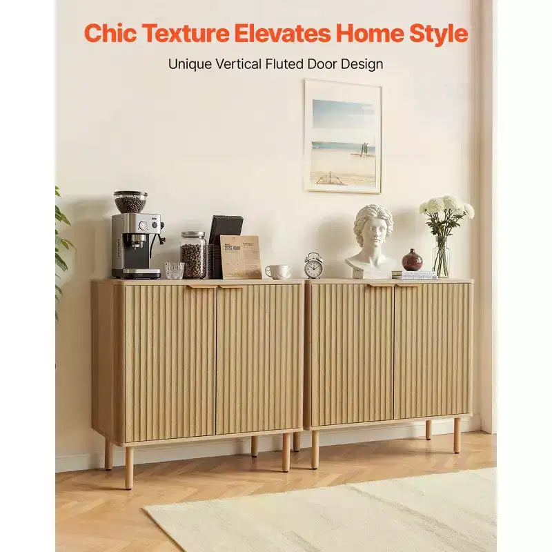 Meuble de bar à café Mid-Century avec portes cannelées Étagères réglables Rangement à 2 niveaux Chêne