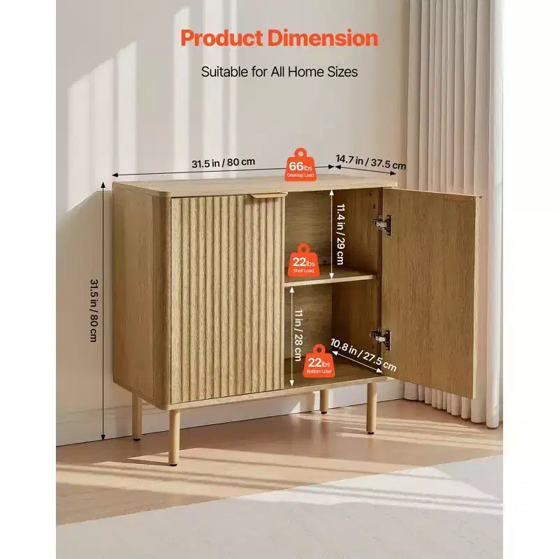 Meuble de bar à café Mid-Century avec portes cannelées Étagères réglables Rangement à 2 niveaux Chêne