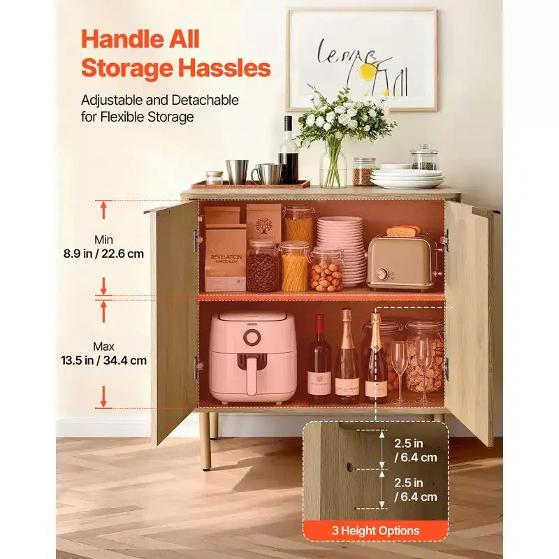 Meuble de bar à café Mid-Century avec portes cannelées Étagères réglables Rangement à 2 niveaux Chêne