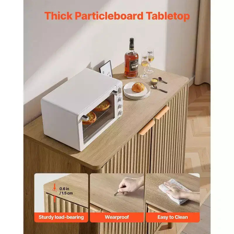 Meuble de bar à café Mid-Century avec portes cannelées Étagères réglables Rangement à 2 niveaux Chêne