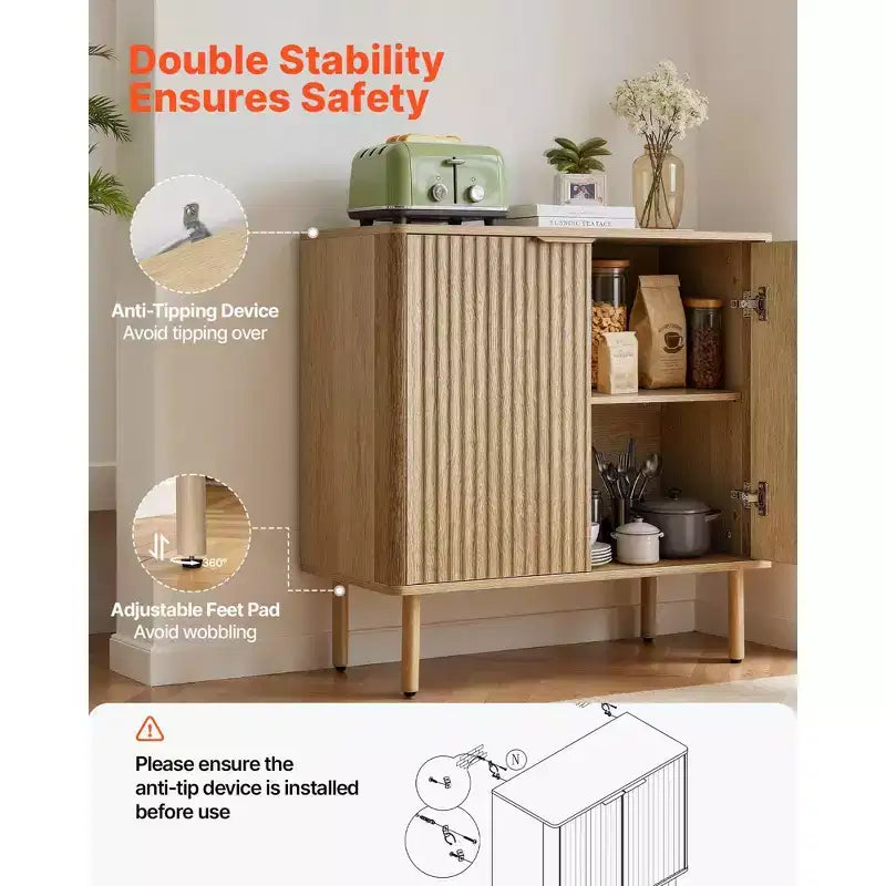Meuble de bar à café Mid-Century avec portes cannelées Étagères réglables Rangement à 2 niveaux Chêne