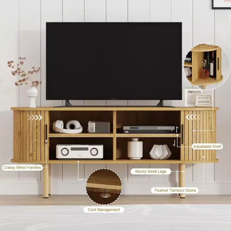 Meuble TV, console média avec portes coulissantes et rangement, meuble de divertissement moderne en bois