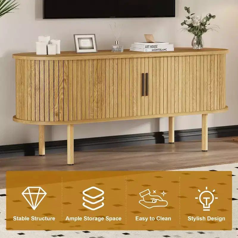 Meuble TV, console média avec portes coulissantes et rangement, meuble de divertissement moderne en bois