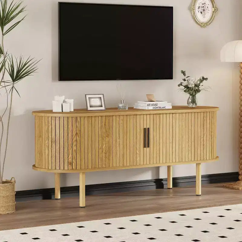Meuble TV, console média avec portes coulissantes et rangement, meuble de divertissement moderne en bois