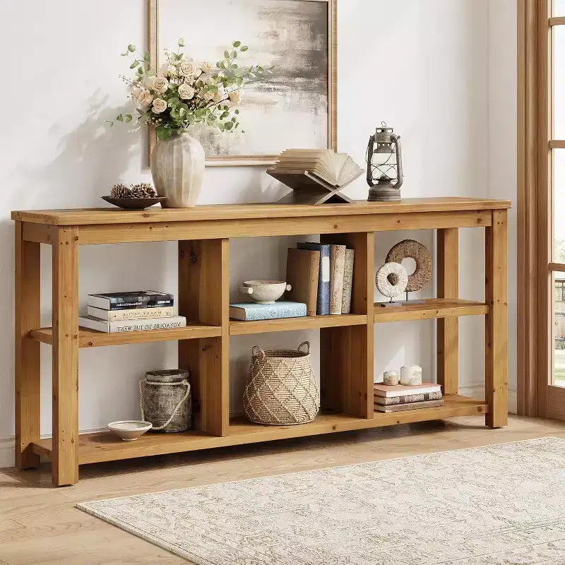 Console en bois massif, table de canapé longue de ferme à 3 niveaux