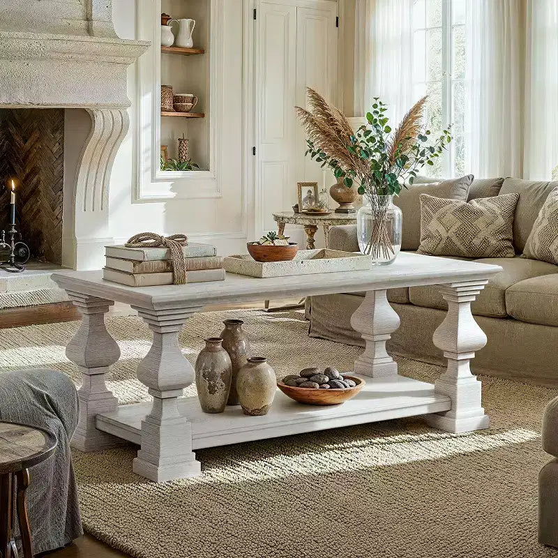 Table basse de ferme en bois massif avec étagère de rangement à deux niveaux