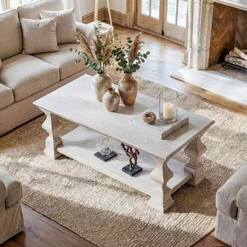 Table basse de ferme en bois massif avec étagère de rangement à deux niveaux