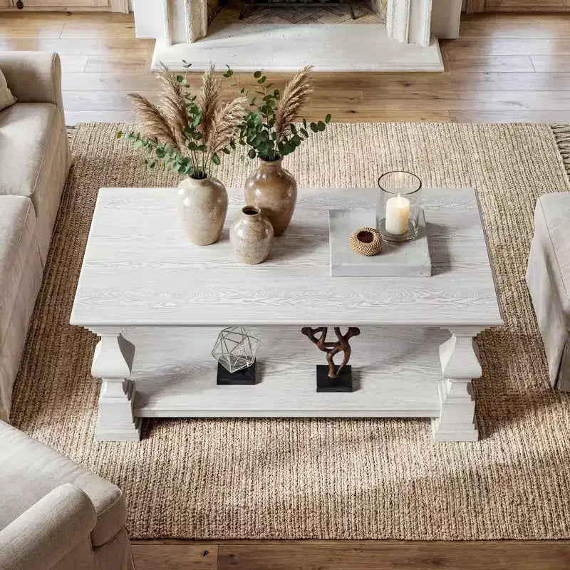 Table basse de ferme en bois massif avec étagère de rangement à deux niveaux