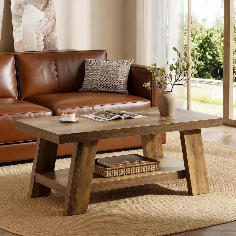 Table basse de salon, table centrale à 2 niveaux de style rustique avec rangement