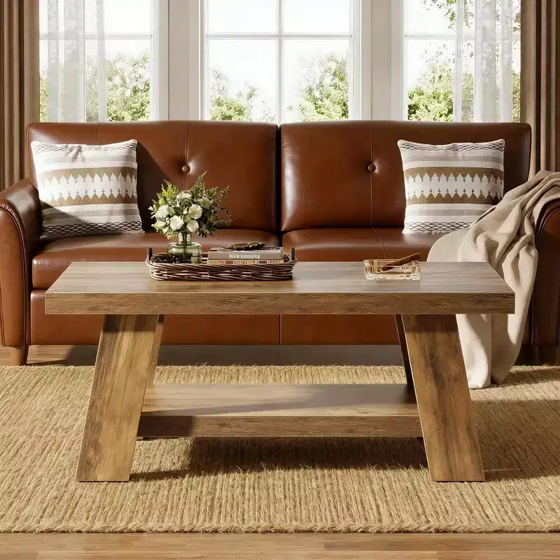 Table basse de salon, table centrale à 2 niveaux de style rustique avec rangement