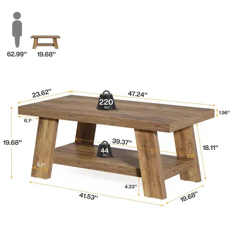 Table basse de salon, table centrale à 2 niveaux de style rustique avec rangement