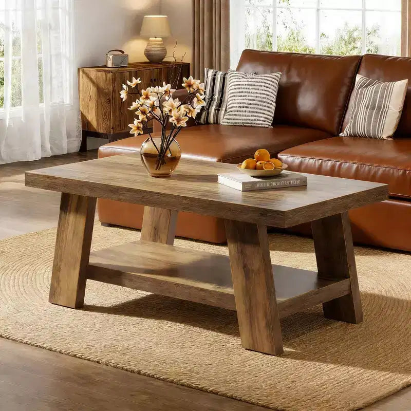 Table basse de salon, table centrale à 2 niveaux de style rustique avec rangement
