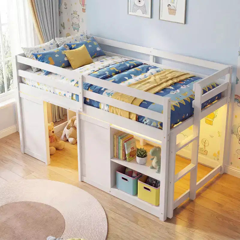 Lit mezzanine double avec lumières LED, 2 portes sous le lit et étagères