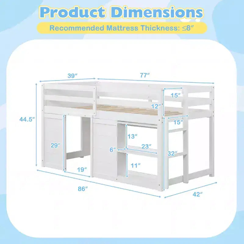 Lit mezzanine double avec lumières LED, 2 portes sous le lit et étagères