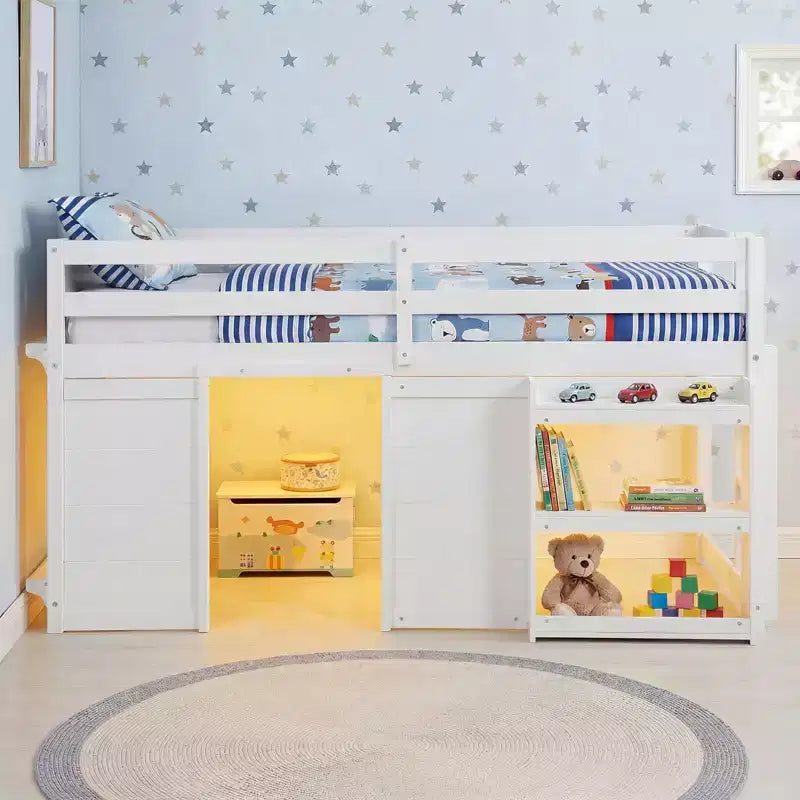 Lit mezzanine double avec lumières LED, 2 portes sous le lit et étagères