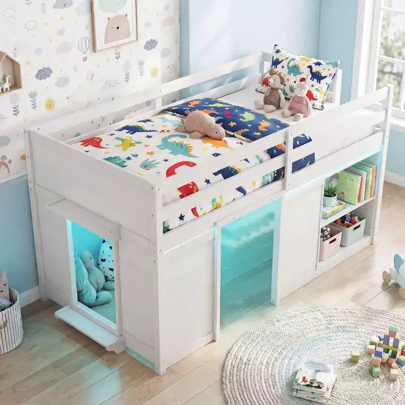 Lit mezzanine double avec lumières LED, 2 portes sous le lit et étagères
